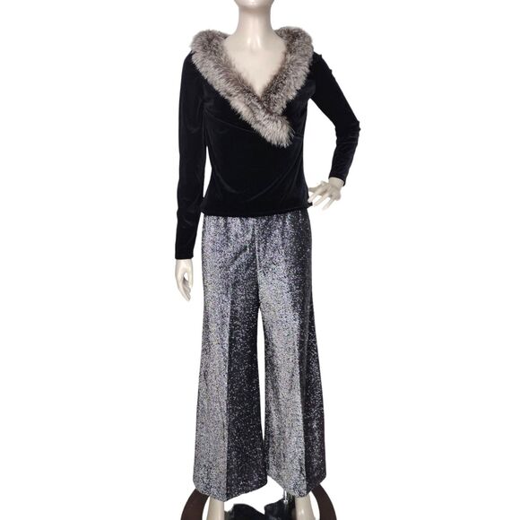 Vintage 70s Lurex Black Metallic Silver Elastic High-Waist Wide Leg Pants S/M/L